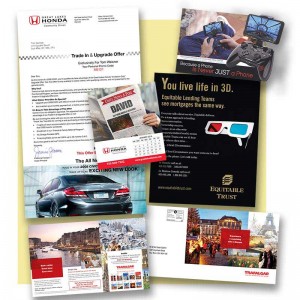 Sample direct mail work for Great Lakes Honda, Equitable Trust and Trafalgar Tours