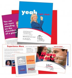 HLC mortgage specialist recruitment campaign: “yeah I got clout” ad and HLC Realty Rewards mailers