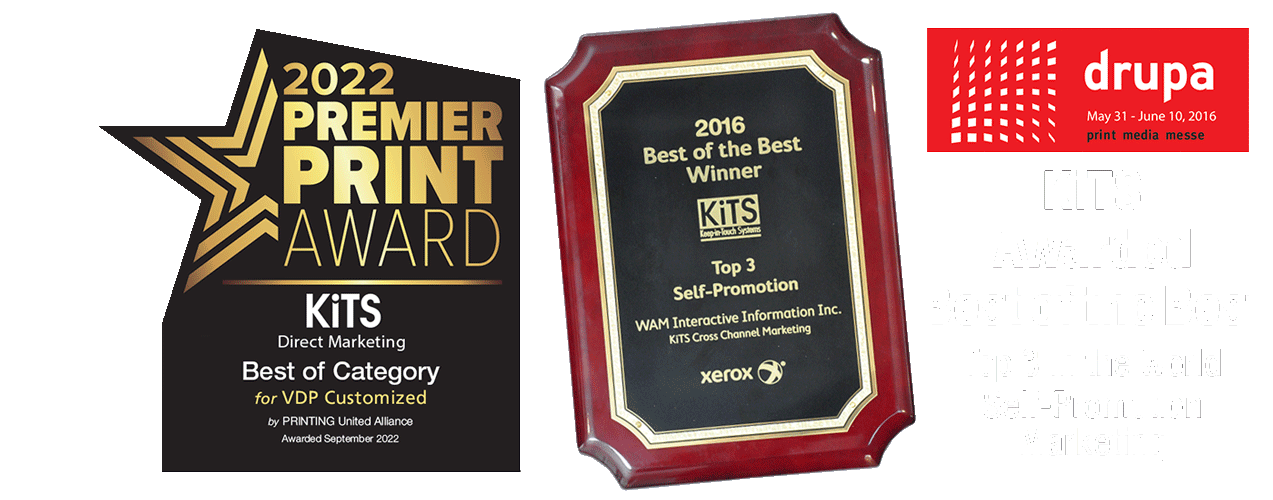 KiTS awards: 2022 Premier Print Award, Best of Category for VDP Customized; 2016 Best of the Best winner, Top 3 Self-Promotion; and Best of the Best at drupa 2016, Top 3 in the world