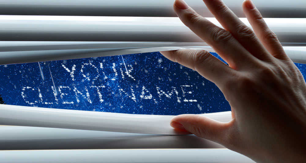 A hand parts window blinds to reveal “Your Client Name” written in the night sky